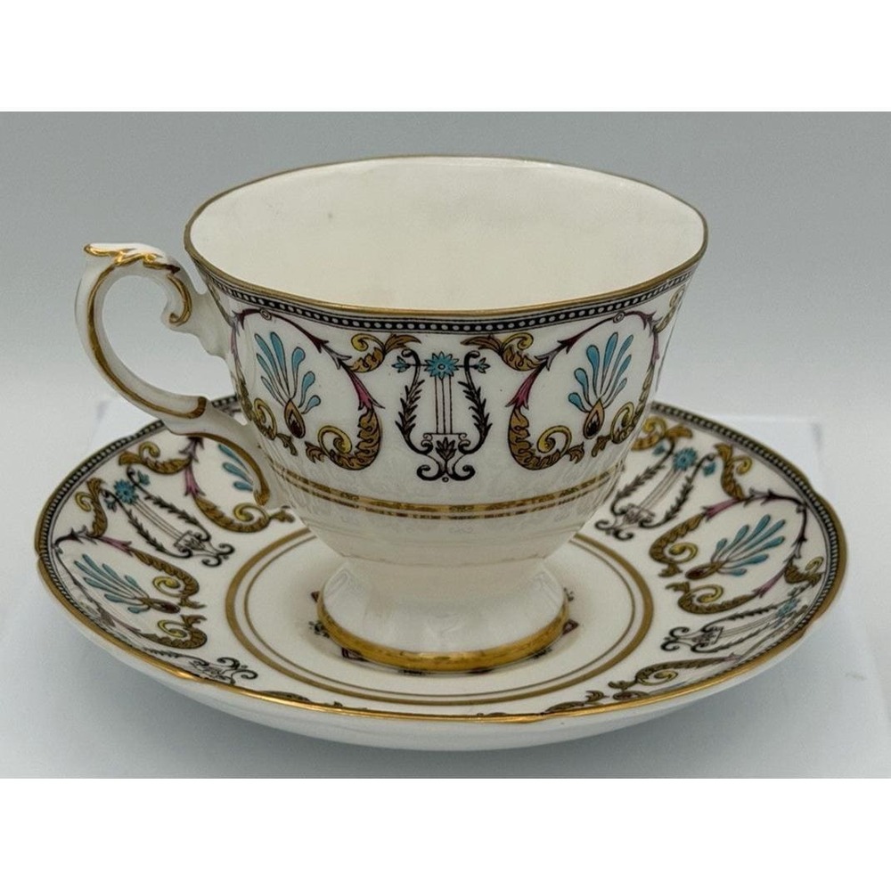 Royal Grafton Regency Lyres Leaves Scroll Gold Trim Tea Cup & Saucer Set Vintage